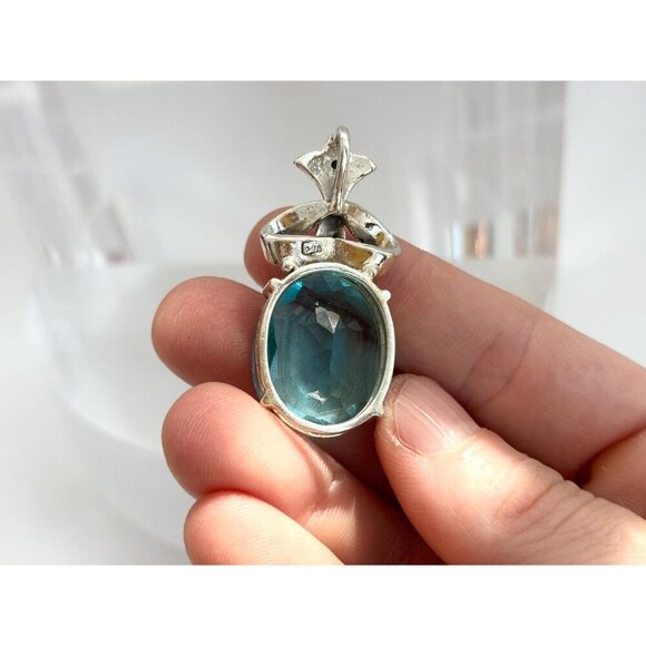 Oval Shaped Blue Topaz Art Deco Sterling Silver Vintage 925 Pendant | Charm - Picture 3 of 7